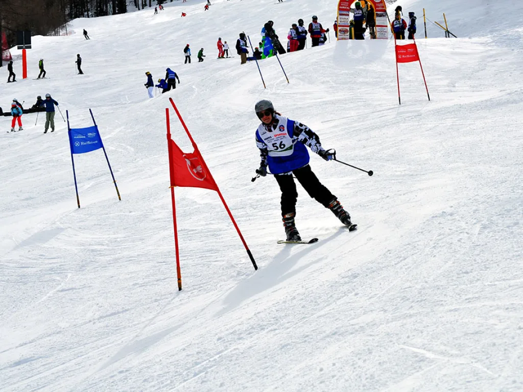 Skifahrer auf der Strecke, am Hang stehen viele Zuschauer.